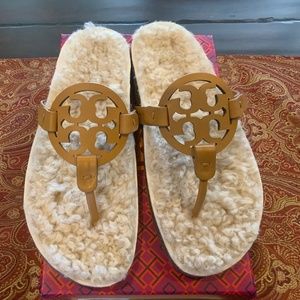 Tory Burch Miller Cloud Shearling Leather Sandal Caramel Corn,size7.5, BNIB,